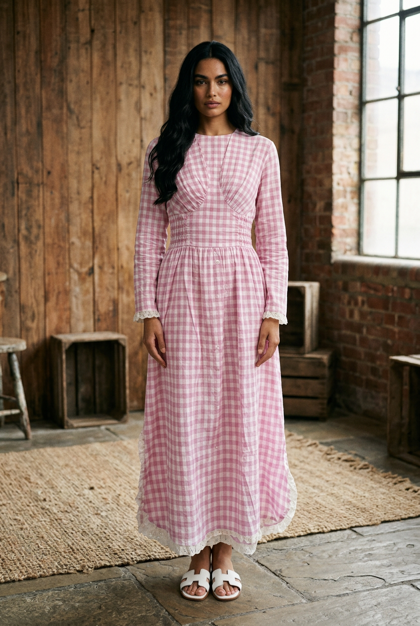 Blush Gingham Maxi Dress with Lace Trim  O N T H A