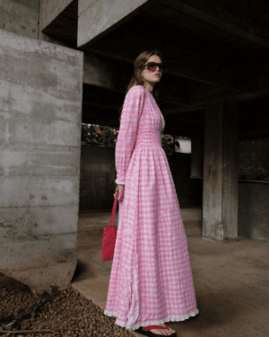 Blush Gingham Maxi Dress with Lace Trim