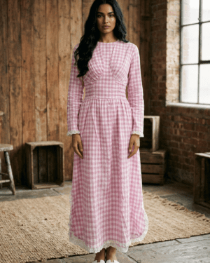 Blush Gingham Maxi Dress with Lace Trim